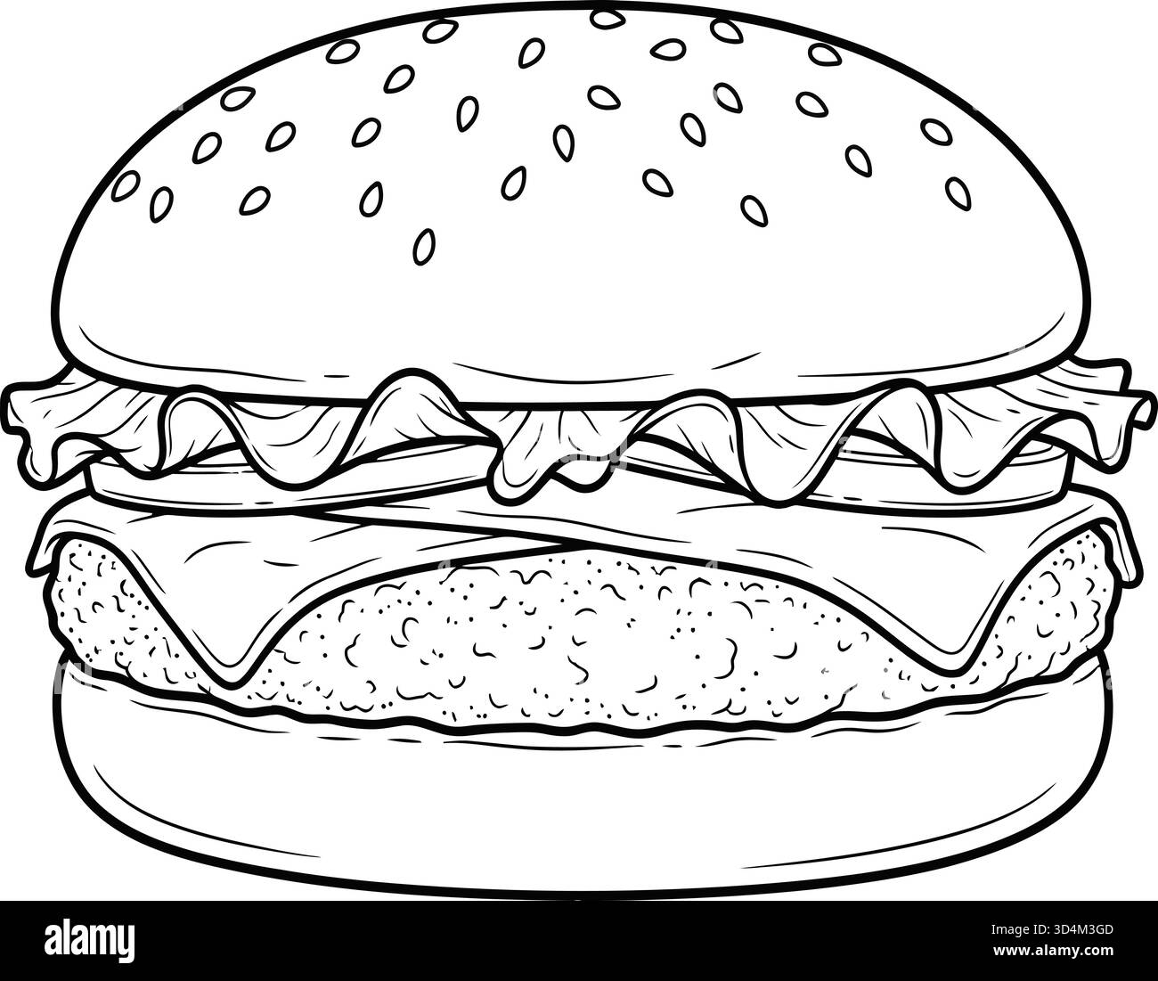 Questa illustrazione in bianco e nero presenta un hamburger classico, perfetto per le attività di colorazione. L'hamburger è condito con lattuga e formaggio, il tutto annidato Illustrazione Vettoriale