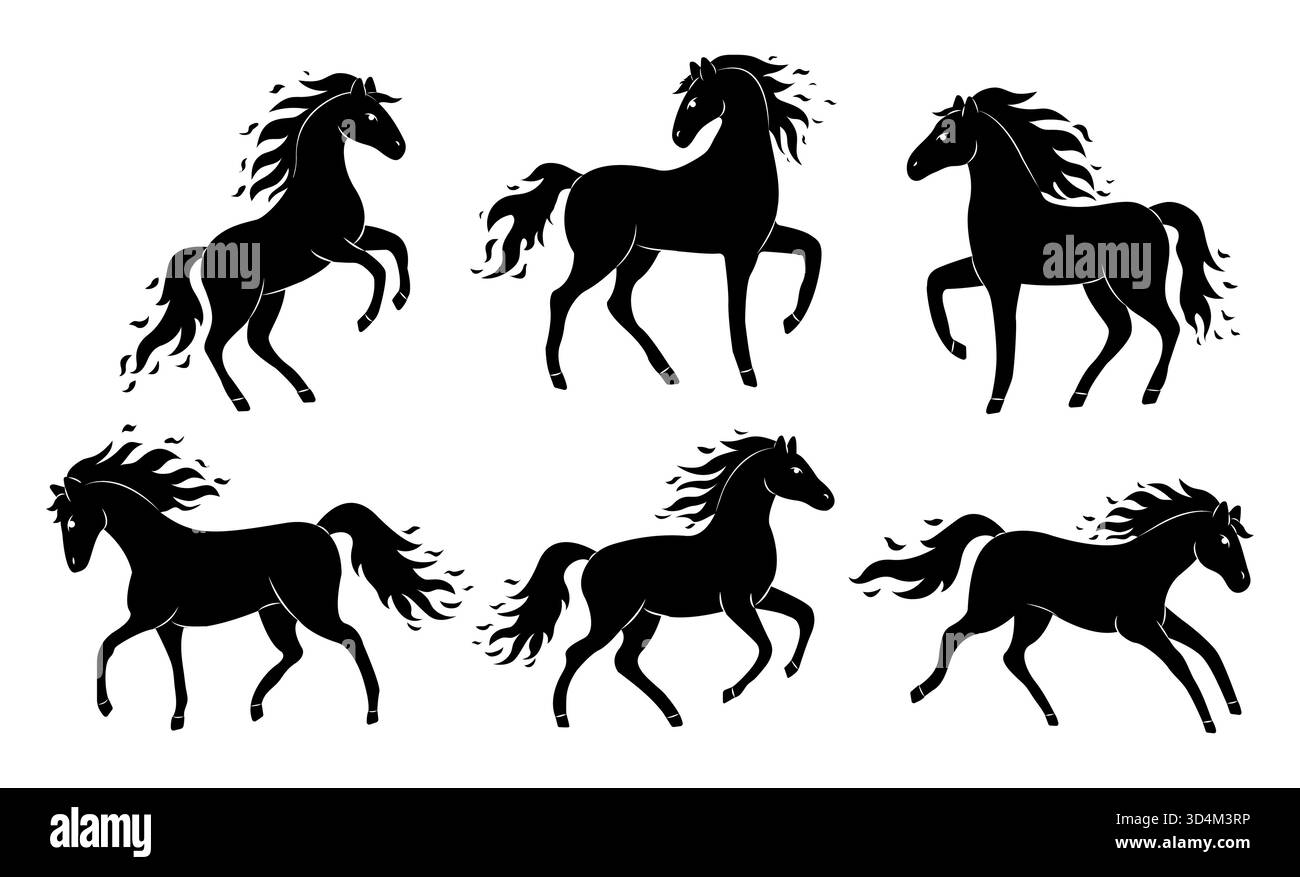 Sei sagome nere di cavalli mostrano vari movimenti, tra cui trotto e pranzare. Ogni cavallo cattura pose uniche, evidenziandone la grazia Illustrazione Vettoriale