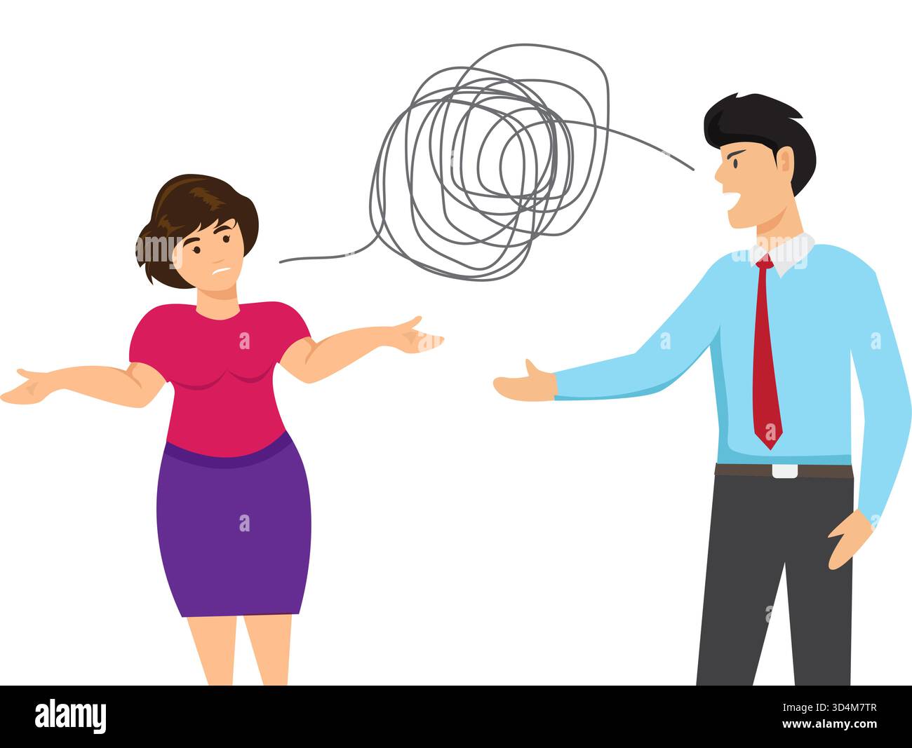 Problemi di concetto di comunicazione, malintesi creano confusione nel lavoro, non comunicano messaggi e informazioni poco chiari, uomo d'affari e donna ha Illustrazione Vettoriale