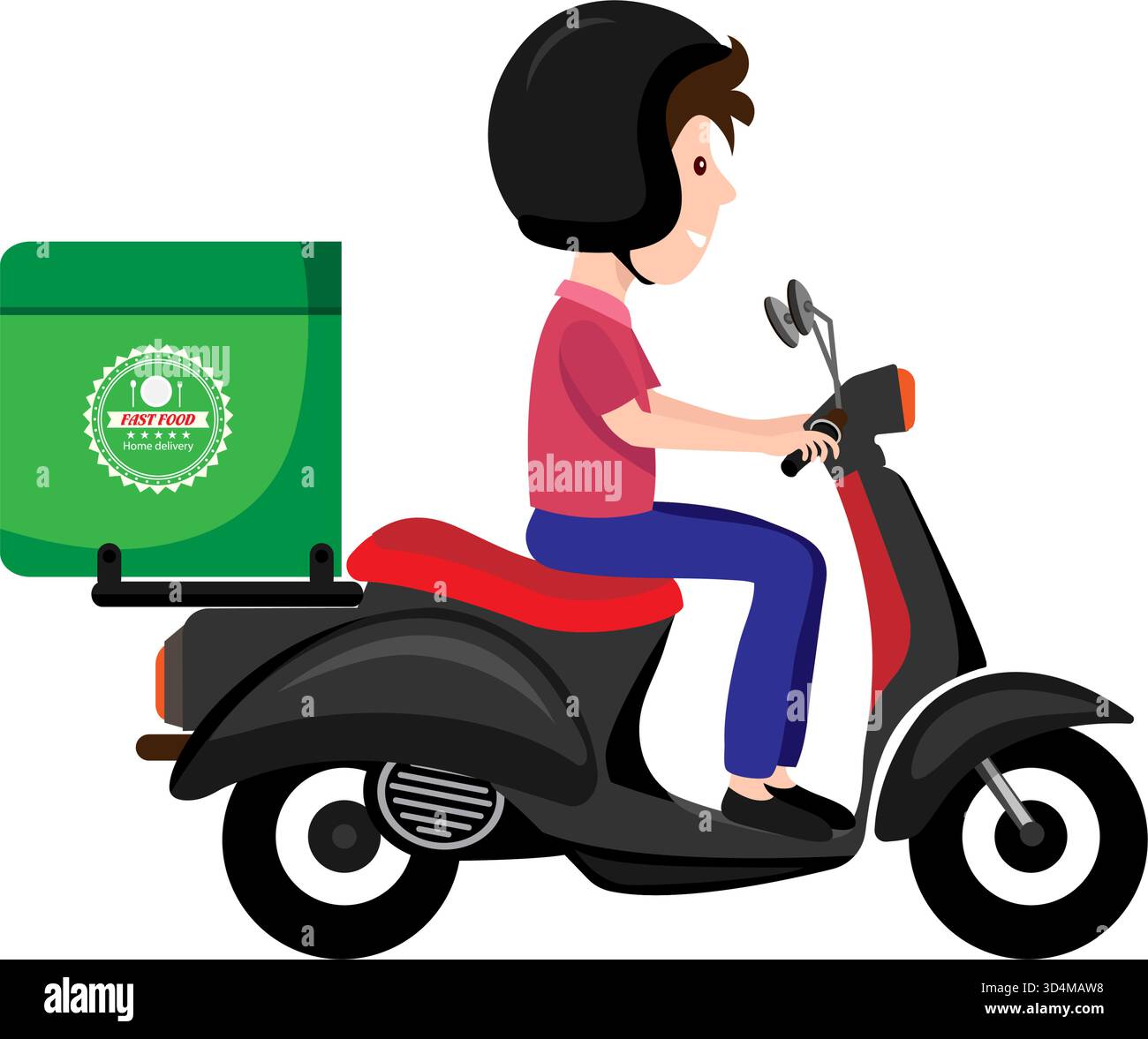 L'autista di motociclette che consegna fast food raggiunge rapidamente la tua casa illustrazione vettoriale Illustrazione Vettoriale