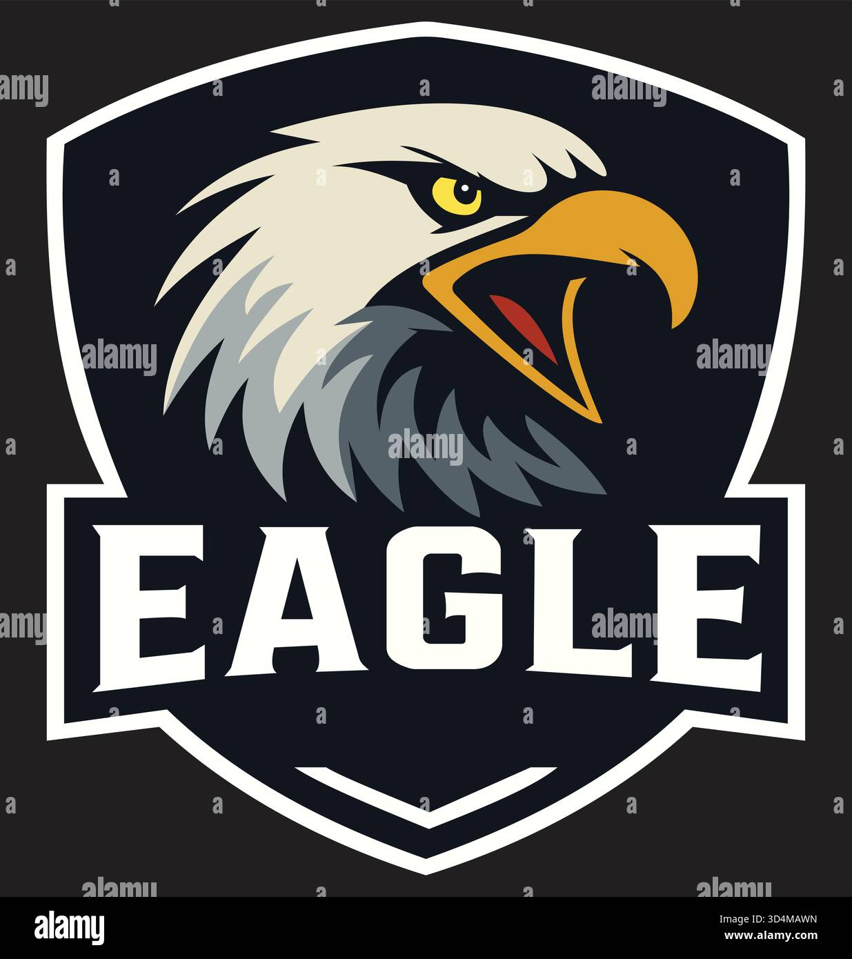 Questa straordinaria illustrazione presenta la testa di un'aquila feroce impreziosita da un audace emblema. Lo sguardo intenso dell'aquila e il becco affilato trasmettono la forza A. Illustrazione Vettoriale