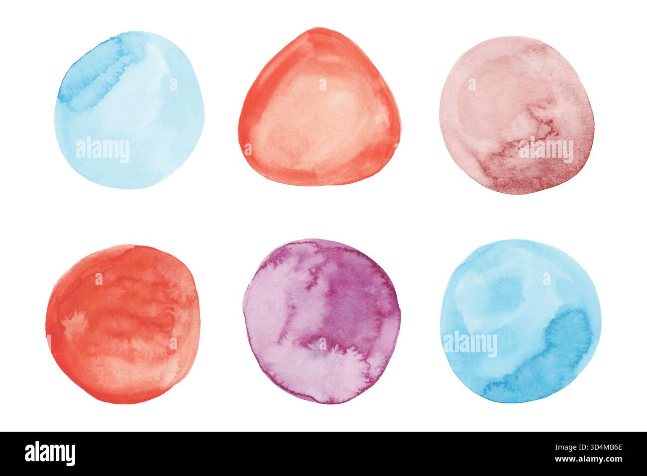 Set di puntini ad acquerello rotondi dipinti a mano. Cerchi colorati in acquerello isolati su sfondo bianco. Cerchi Aquarelle Illustrazione Vettoriale