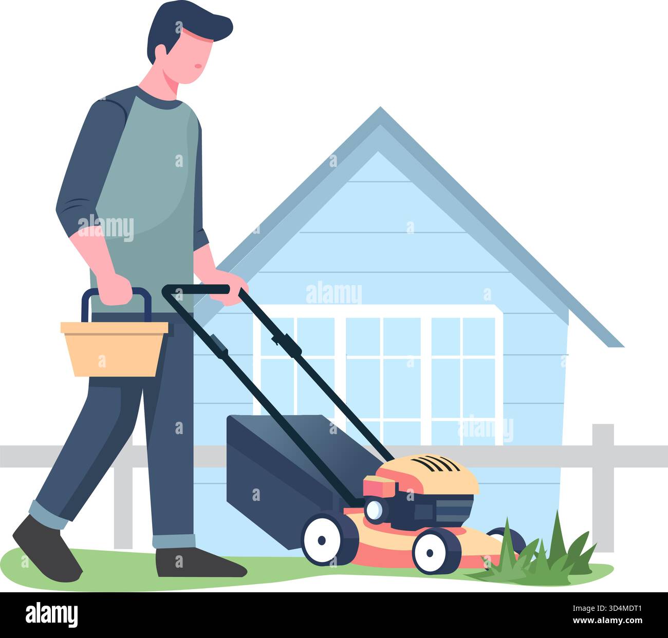 Un uomo sta usando un rasaerba in giardino. Illustrazione Vettoriale