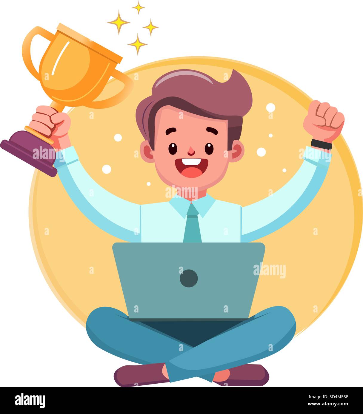 Illustrazione piatta di uno studente maschio che detiene un trofeo vincente. Illustrazione Vettoriale