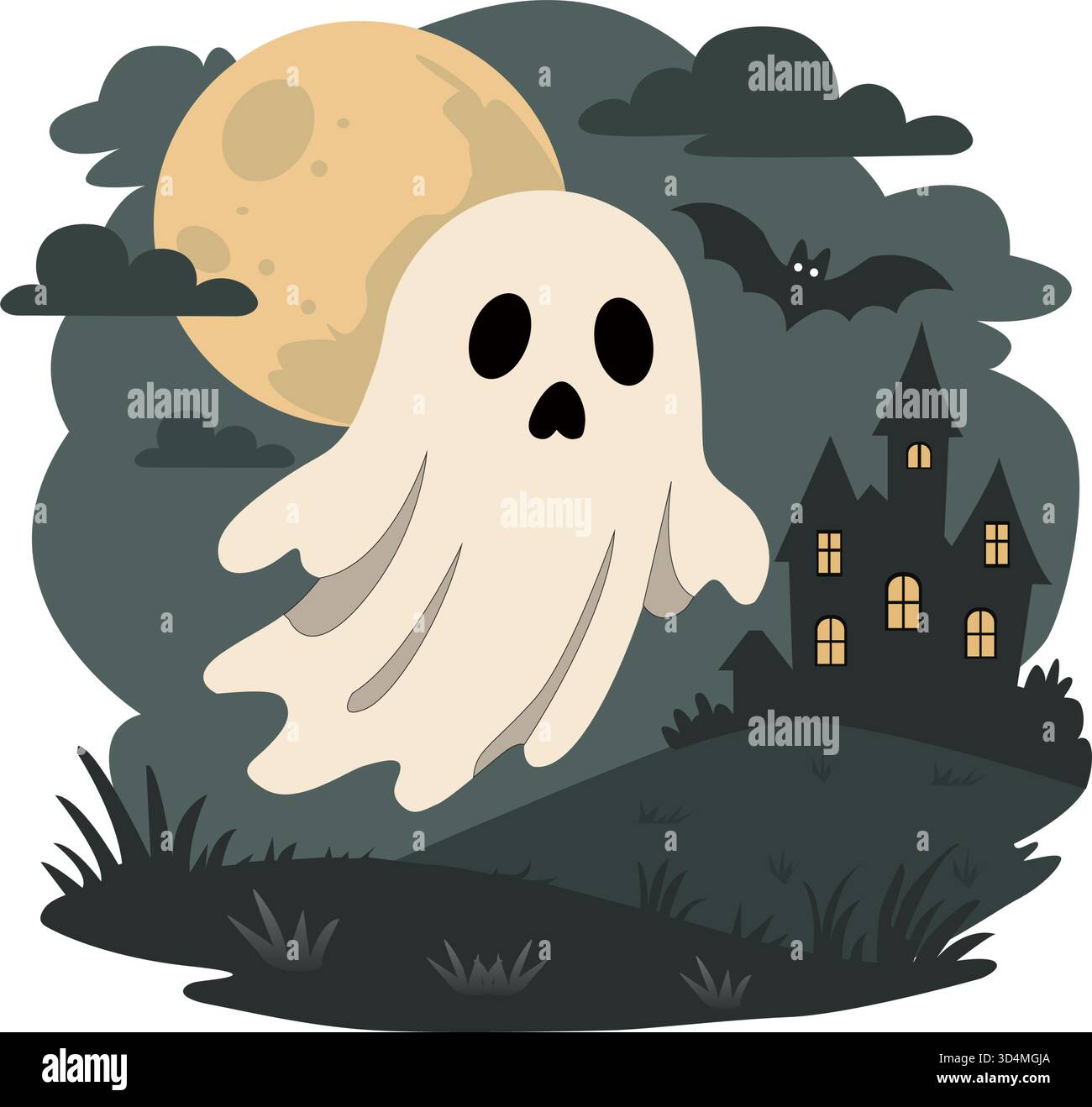 Cartone animato fantasma galleggiante in una scena notturna di luna piena, tema di Halloween Illustrazione Vettoriale