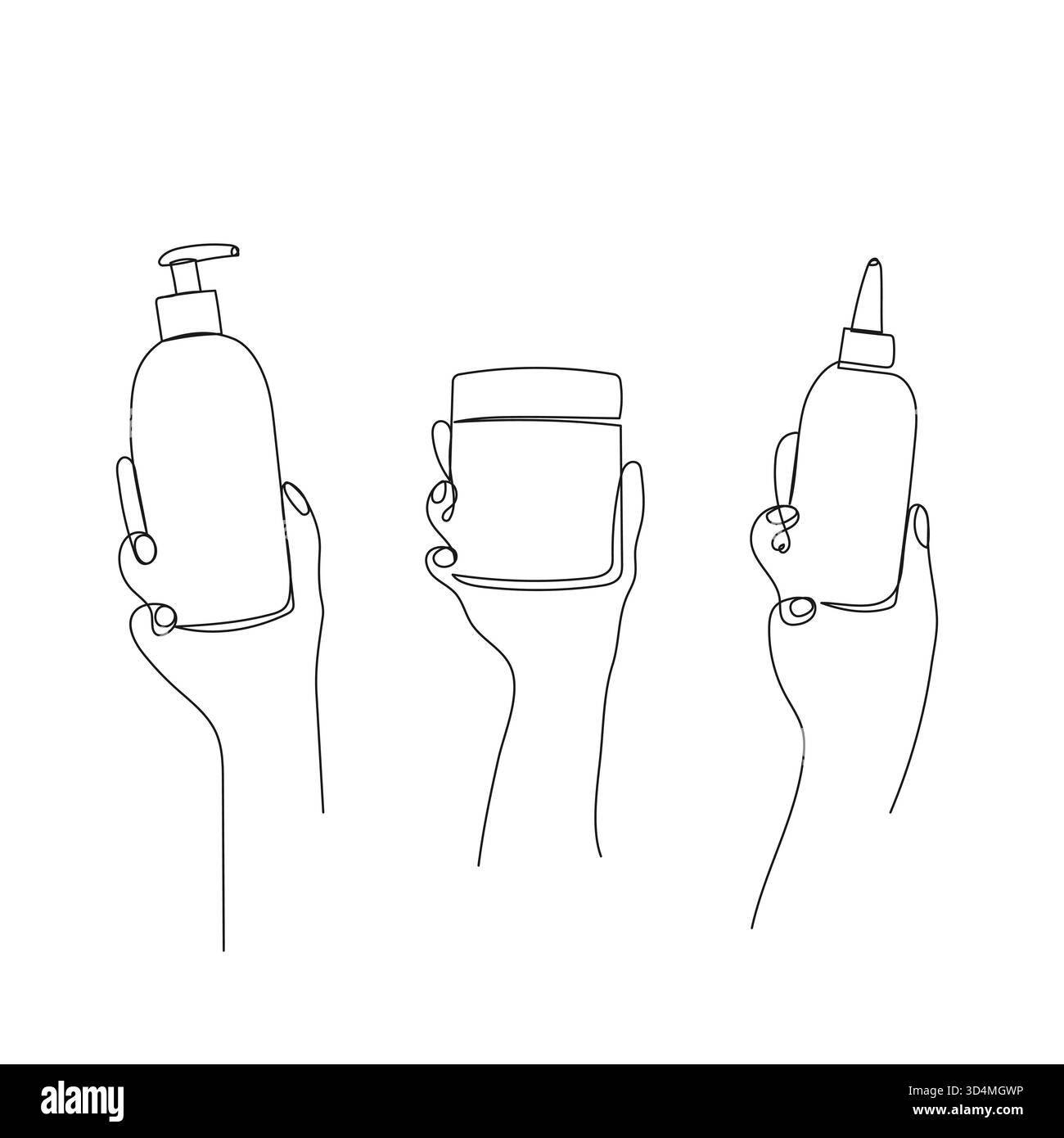 Mani che tengono in mano contenitori cosmetici - flacone con pompetta, vasetto per crema, flacone con applicatore. Illustrazione vettoriale minimalista a una linea per bellezza, cura dei capelli, spa, sal Illustrazione Vettoriale