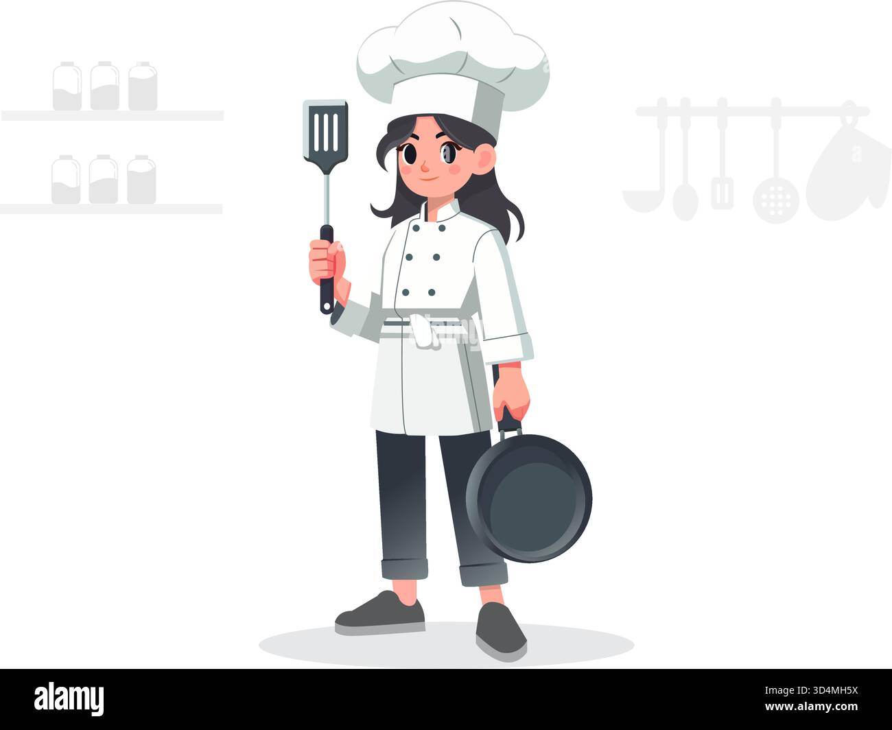 Illustrazione piatta di una bella chef donna in piedi con sicurezza con le attrezzature da cucina. Illustrazione Vettoriale