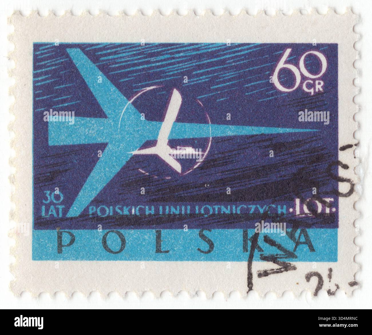 POLONIA — 1959 agosto 24: 60 grosz francobollo viola-blu, verde-blu e nero raffigurante Symbolic Plane, emblema ufficiale della compagnia aerea. 30° anniversario di LOT, le compagnie aeree polacche. LOT Polish Airlines, legalmente costituita come Polskie Linie Lotnicze LOT SA, è la compagnia di bandiera polacca. Fondata nel 1928, LOT è stata uno dei membri fondatori della IATA e rimane una delle compagnie aeree più antiche del mondo in attività. La compagnia aerea è stata fondata il 29 dicembre 1928 dal governo polacco durante la seconda Repubblica polacca come società a responsabilità limitata autonoma Foto Stock