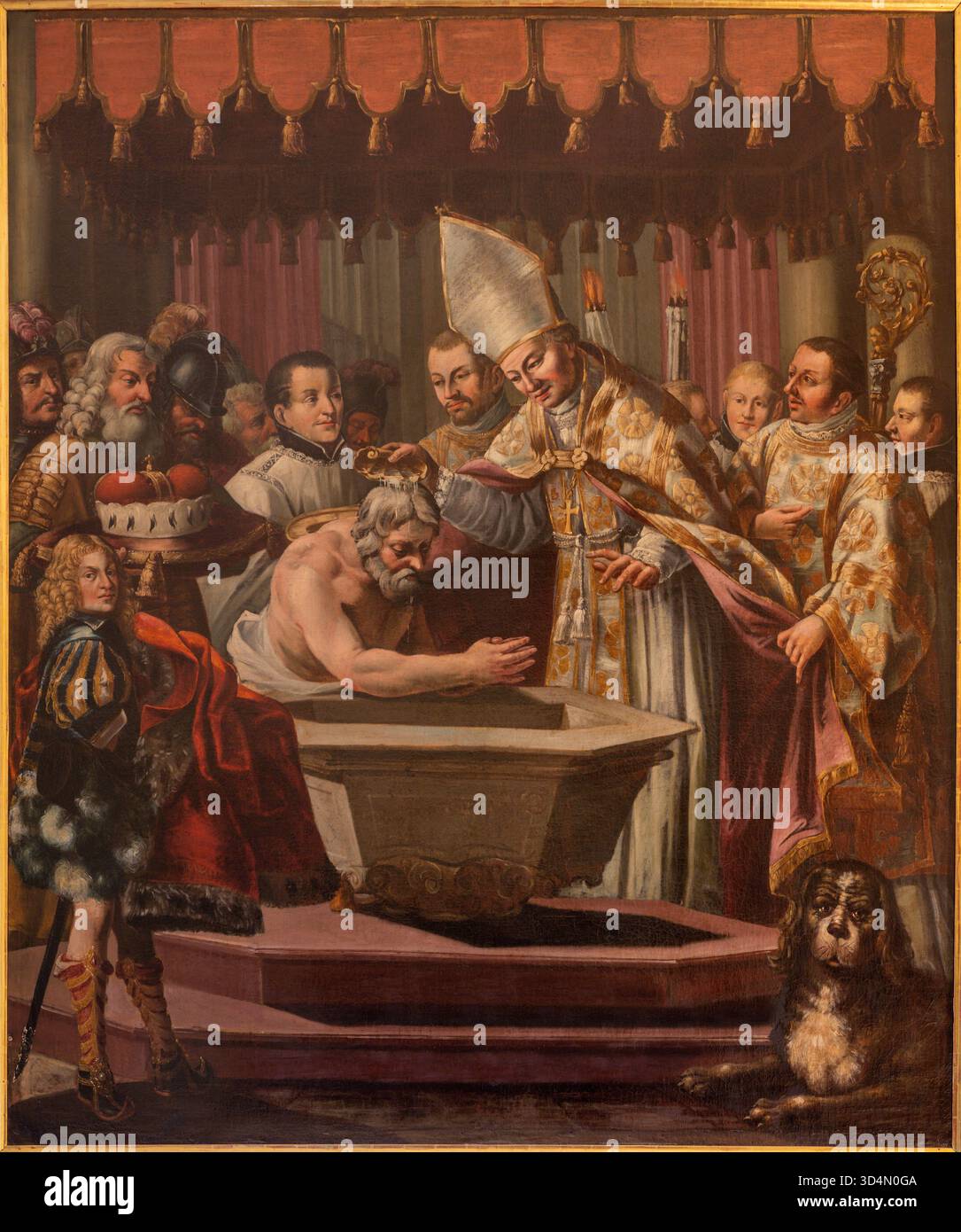 SALISBURGO, AUSTIRA - 7 SETTEMBRE 2025: Il dipinto Battesimo del duca Teodone di Baviera di San Roberto di Salisburgo nella chiesa di San Pietro Erzabtei Foto Stock