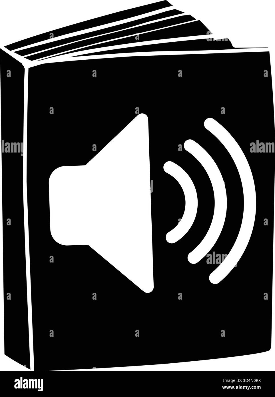Un'illustrazione grafica monocromatica nitida di un'icona dell'audiobook, con un libro con altoparlante e onde sonore. Perfetto per i media digitali, l'istruzione, Illustrazione Vettoriale