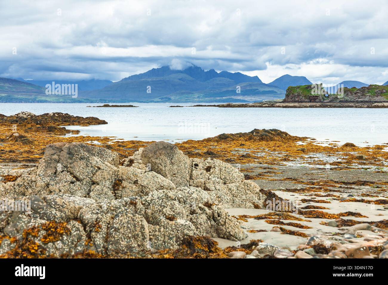 Costa rocciosa con alghe marine e piscine di marea che si affacciano sulle rovine del castello di Dunscaith e sulle montagne Cuillin sull'isola di Skye, Scozia, riflettono il loro splendore Foto Stock