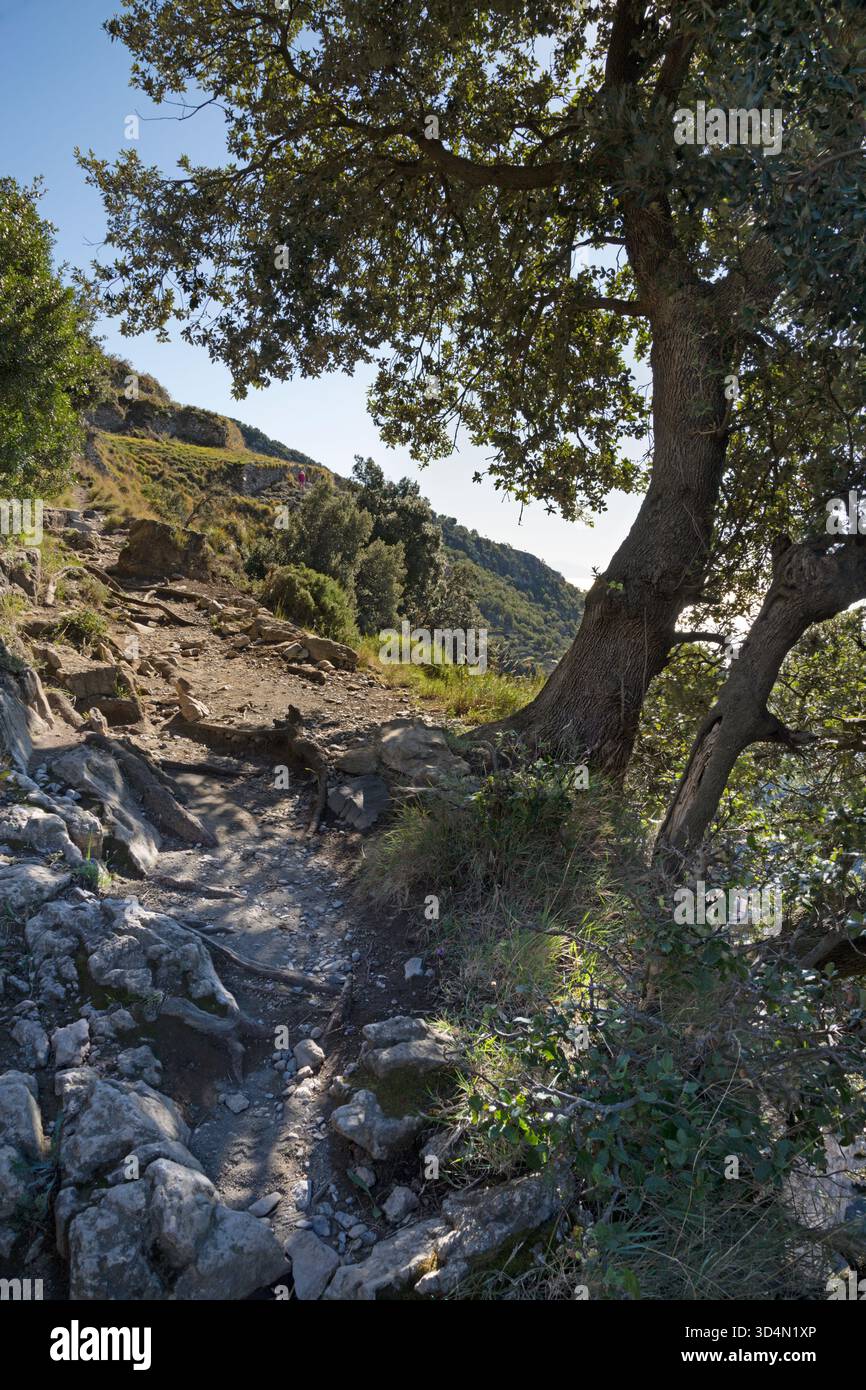 Sentiero degli dei - l'escursionismo sulla Costiera Amalfitana - Sentiero degli dei in retroluce. Foto Stock