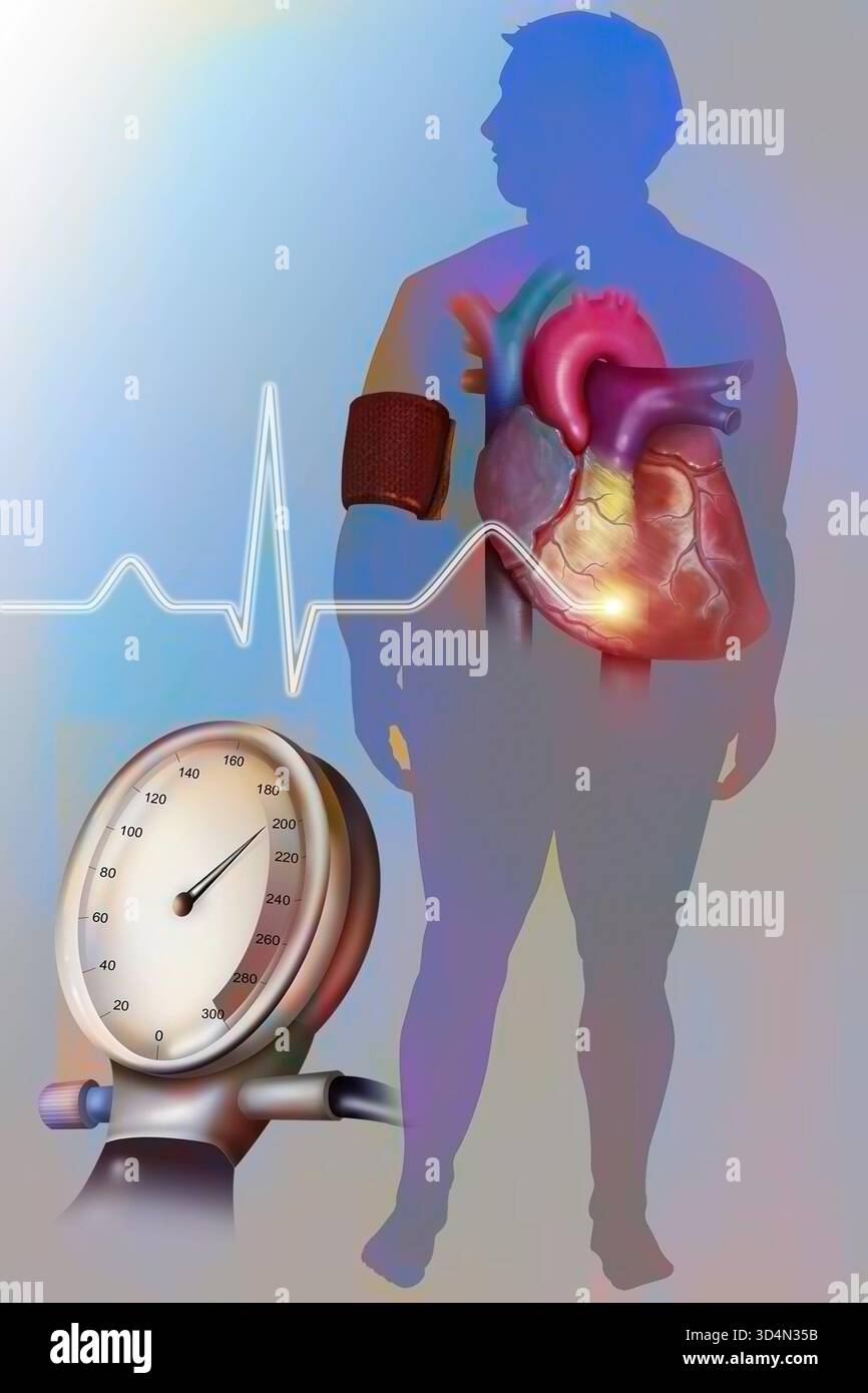 Illustrazione dell'obesità, associata all'ipertensione, come fattore di rischio per le malattie cardiovascolari. Foto Stock