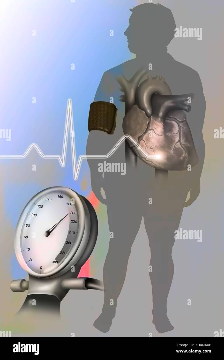 Illustrazione dell'obesità, associata all'ipertensione, come fattore di rischio per le malattie cardiovascolari. Pressione alta 016239 341 Foto Stock