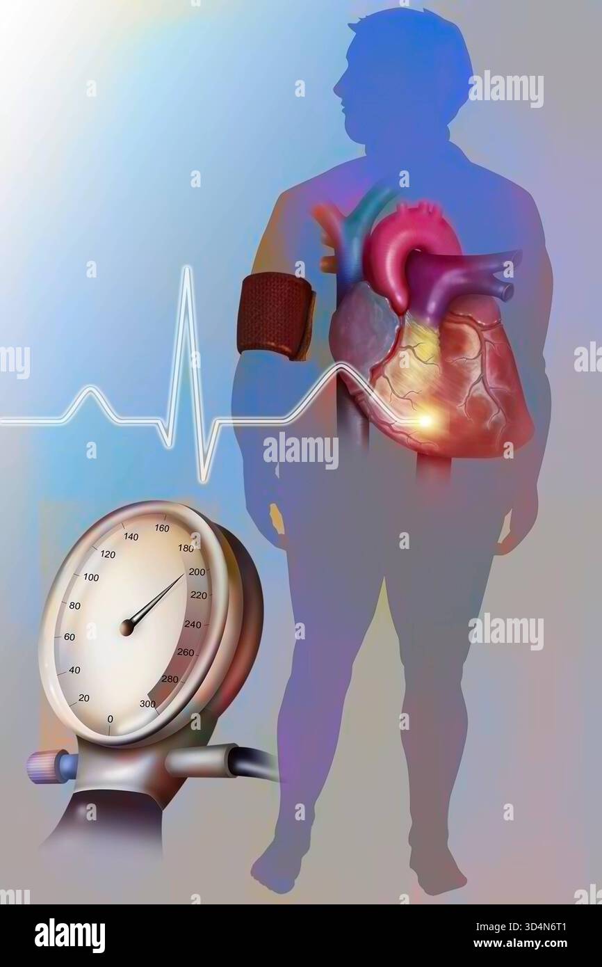 Illustrazione dell'obesità, associata all'ipertensione, come fattore di rischio per le malattie cardiovascolari. Pressione alta 016240 348 Foto Stock
