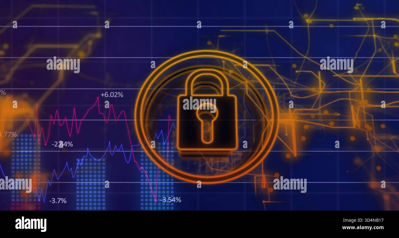 Lucchetto al neon incandescente all'interno degli anelli, sospeso sul cruscotto con grafici colorati ed etichette percentuali Foto Stock