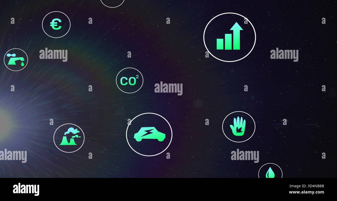 Icona verde fluttuante dell'auto elettrica che si illumina a sinistra del centro su gradiente cosmico, con un luminoso bagliore dell'obiettivo Foto Stock
