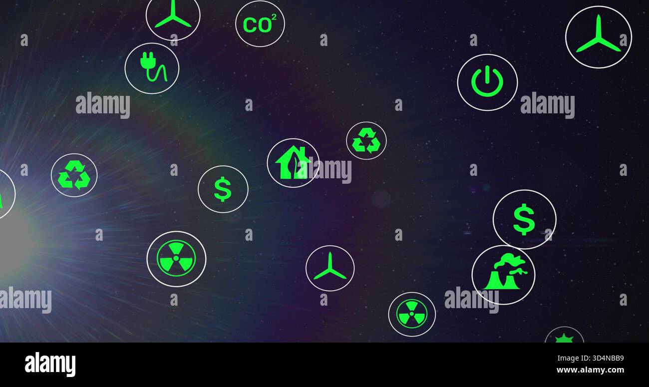 Icone circolari verdi al neon che fluttuano sopra il bagliore cosmico, mostrando l'energia CO2 della spina del vento riciclata Foto Stock