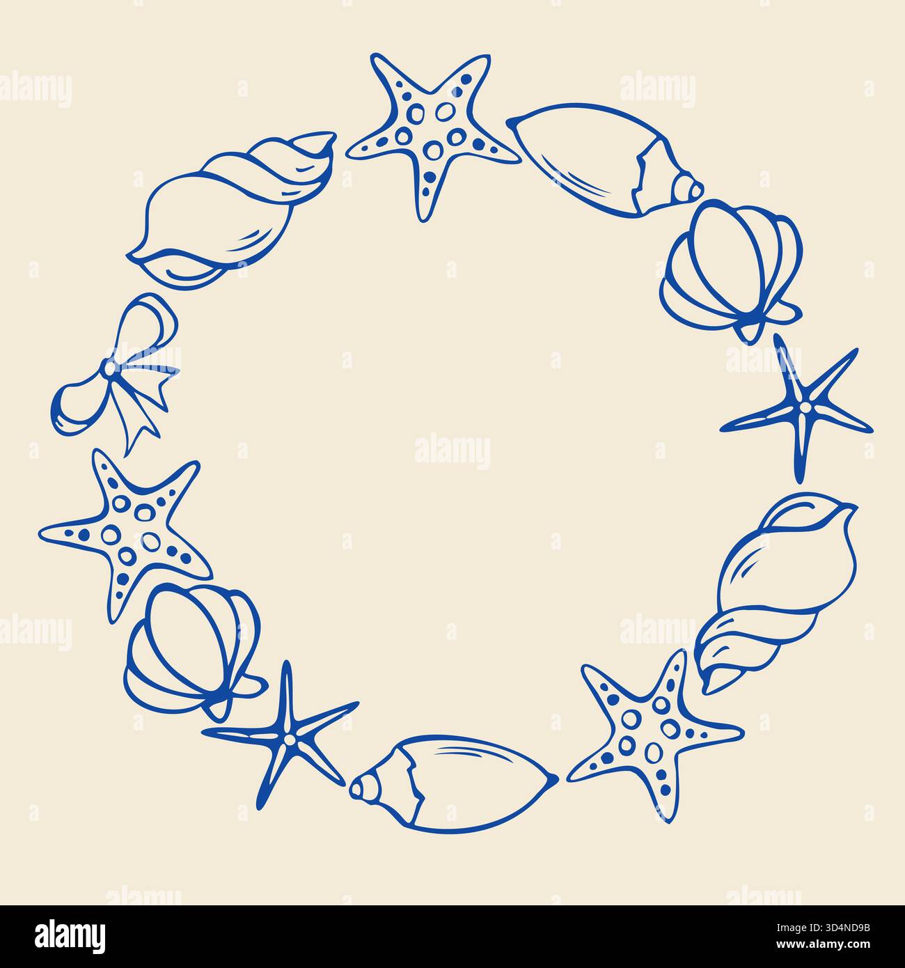 Telaio rotondo con bambole conchiglie. Illustrazione vettoriale disegnata a mano. Un cerchio di elementi mediterranei Illustrazione Vettoriale