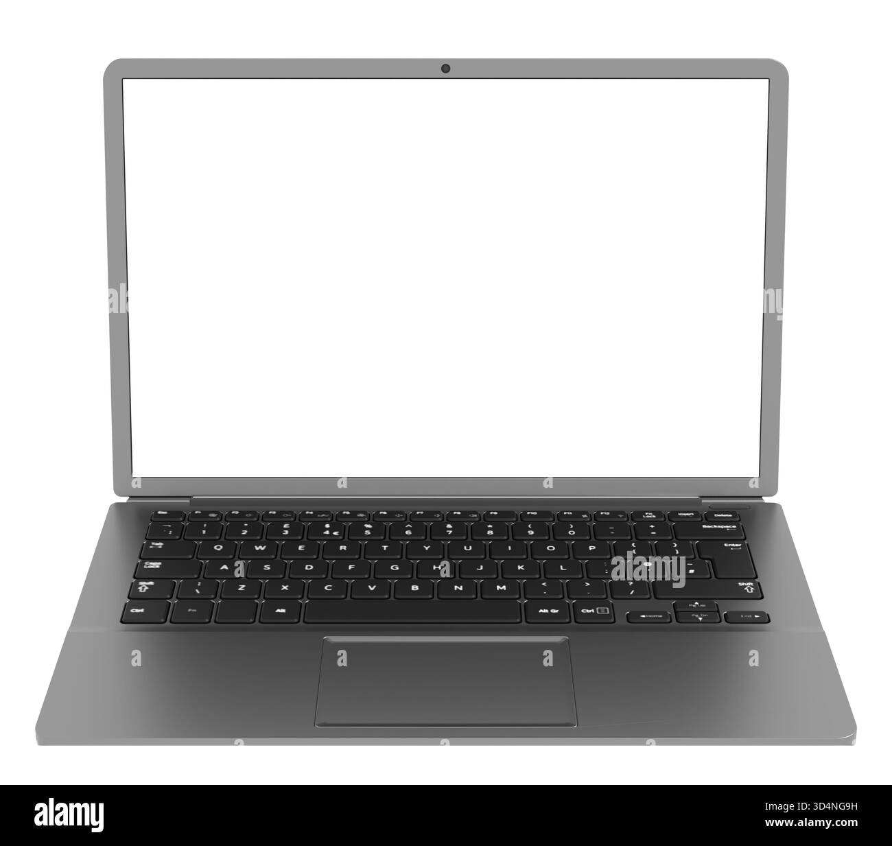 Un elegante notebook grigio con schermo isolato è il layout perfetto per il design. La tastiera ergonomica e il design minimalista sottolineano la professione Foto Stock