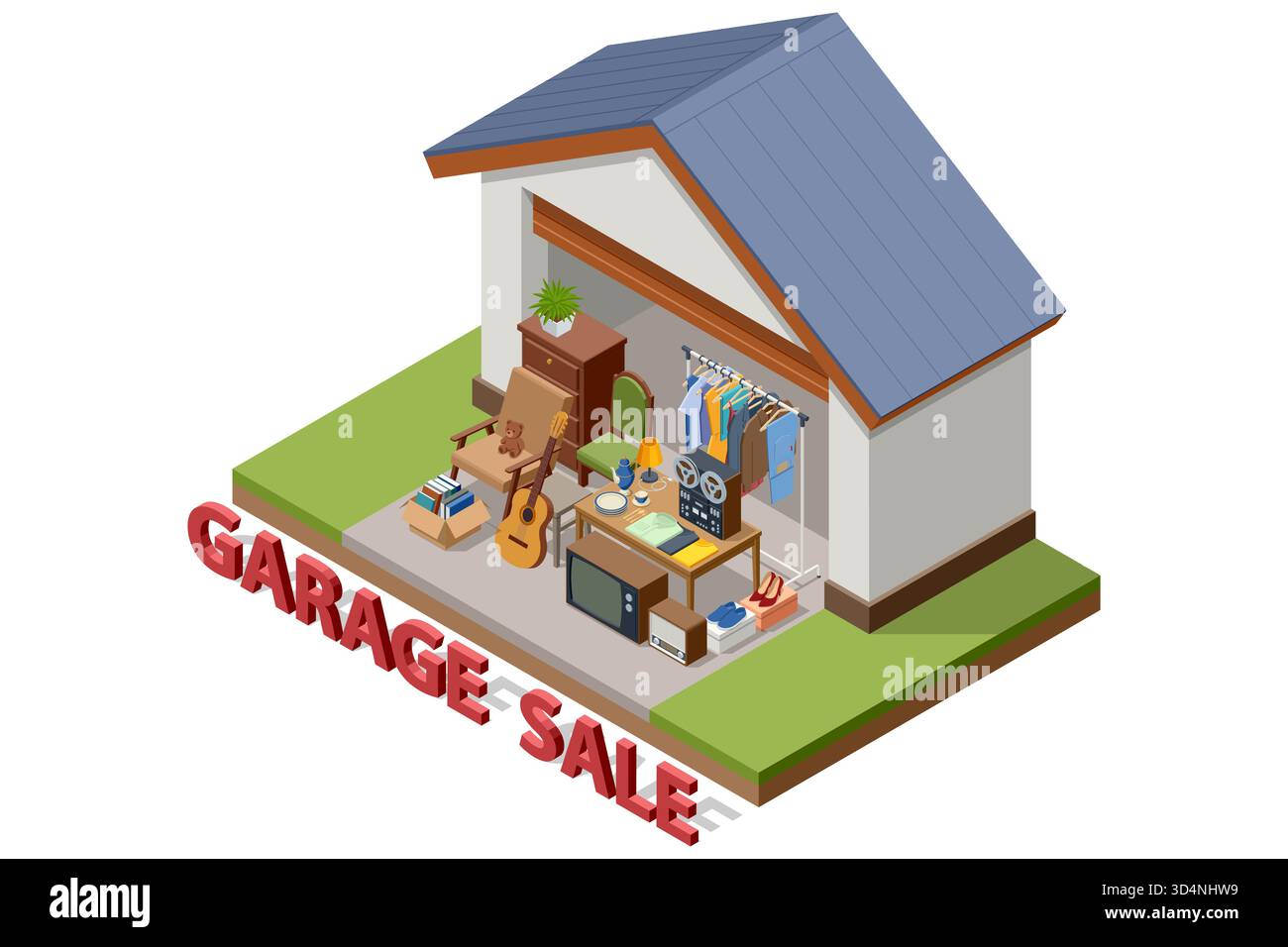 Illustrazione isometrica di una vendita di garage all'interno di un garage con mobili, vestiti, elettronica e oggetti decorativi. Concetto di distanza iniziale Illustrazione Vettoriale