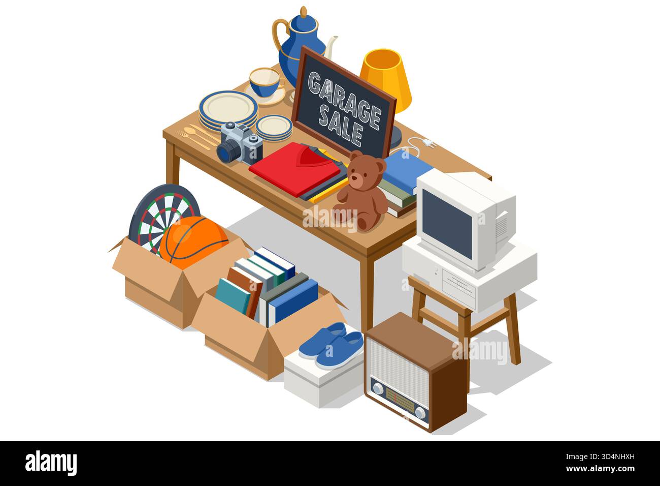 Illustrazione isometrica di un tavolo di vendita in garage con vecchi libri, piatti, giocattoli, vestiti, computer, ed elettronica d'epoca. Concetto di decluttering e. Illustrazione Vettoriale
