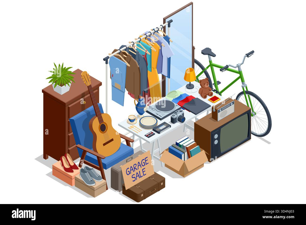 Illustrazione isometrica di vari articoli di vendita in garage, abbigliamento, bici, chitarra, libri, mobili, ed elettronica. Concetto di beni di seconda mano e riutilizzo. Illustrazione Vettoriale