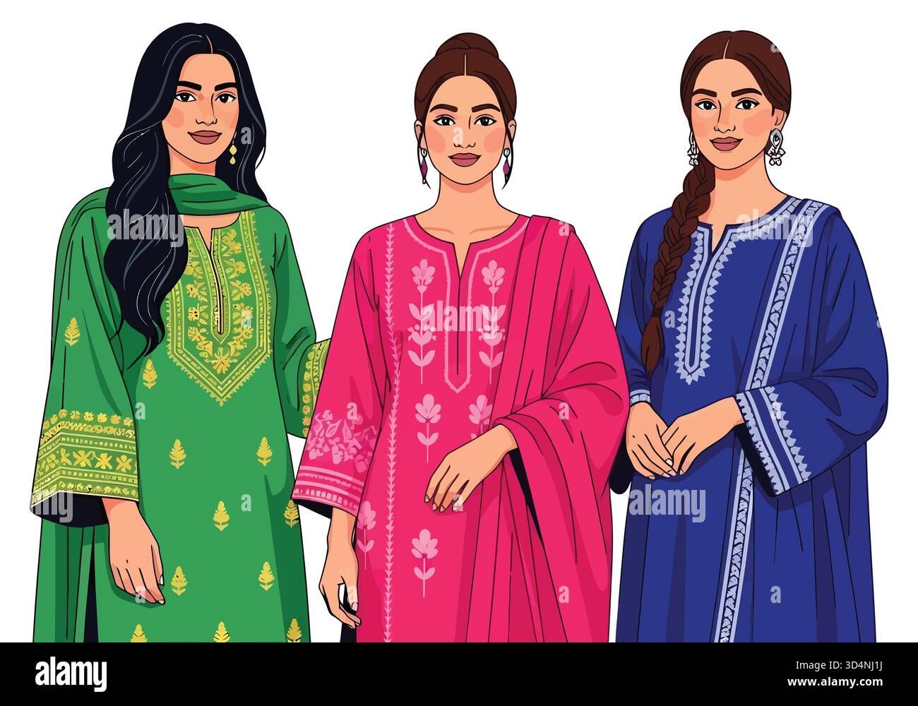 Illustrazione di tre donne in abiti tradizionali Salwar Kameez con ricamo Illustrazione Vettoriale