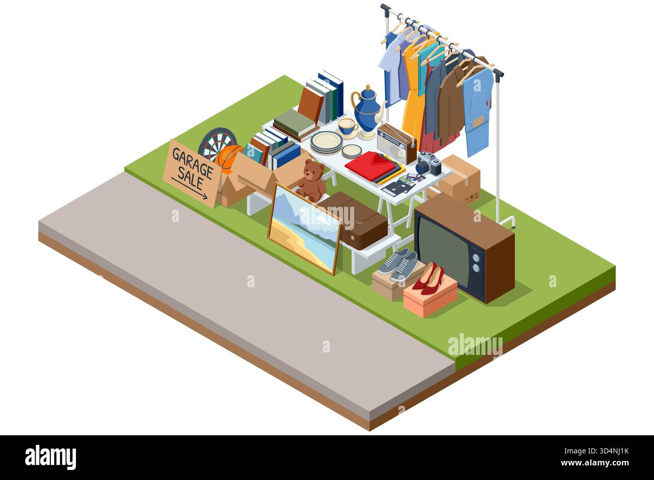 Vendita isometrica di garage all'aperto con vestiti, libri, TV, mobili e cartelli. Concetto di riciclaggio, riutilizzo e acquisto di seconda mano. Illustrazione Vettoriale