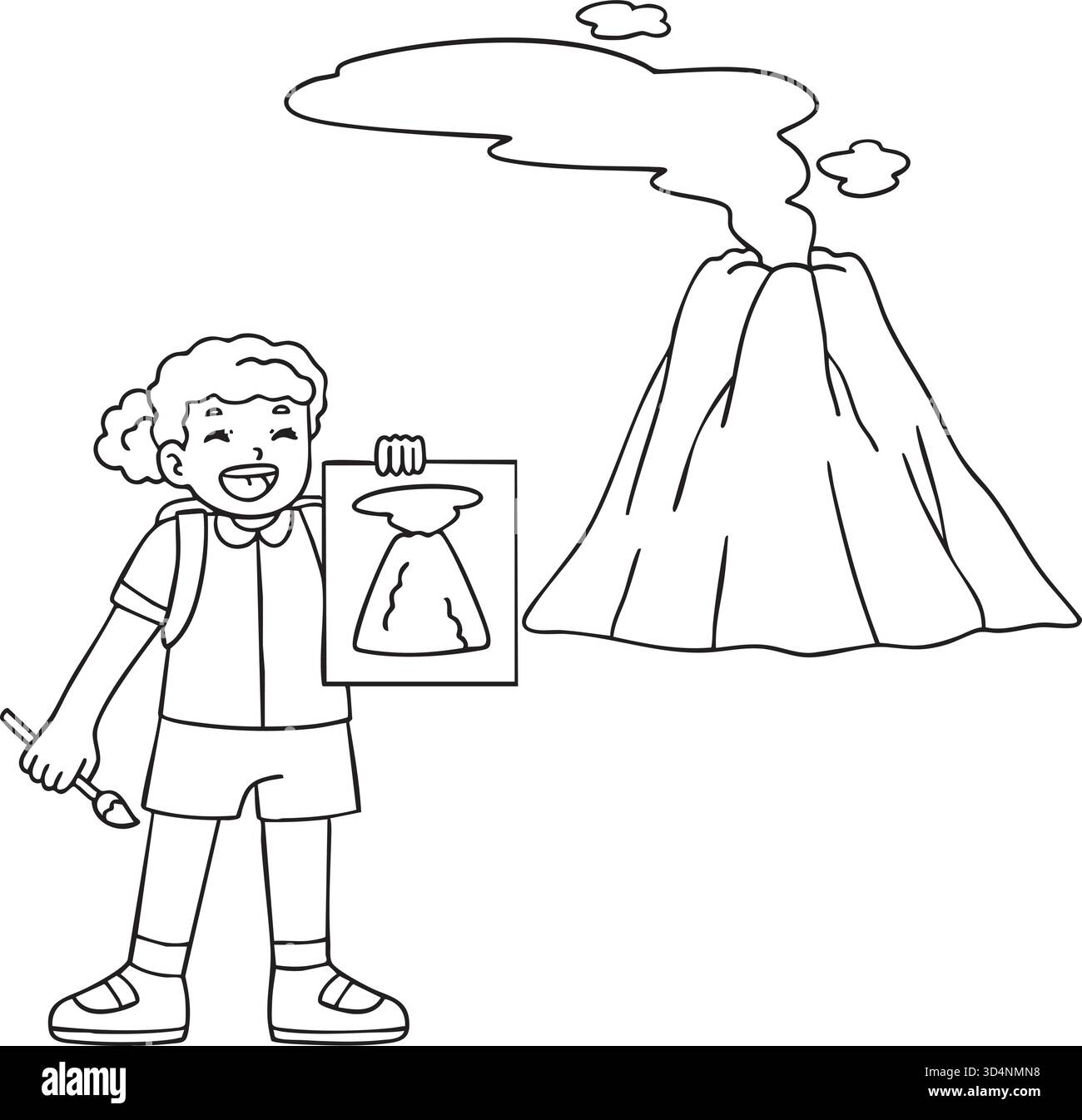 Ragazza con un disegno di un vulcano isolato colorazione Illustrazione Vettoriale