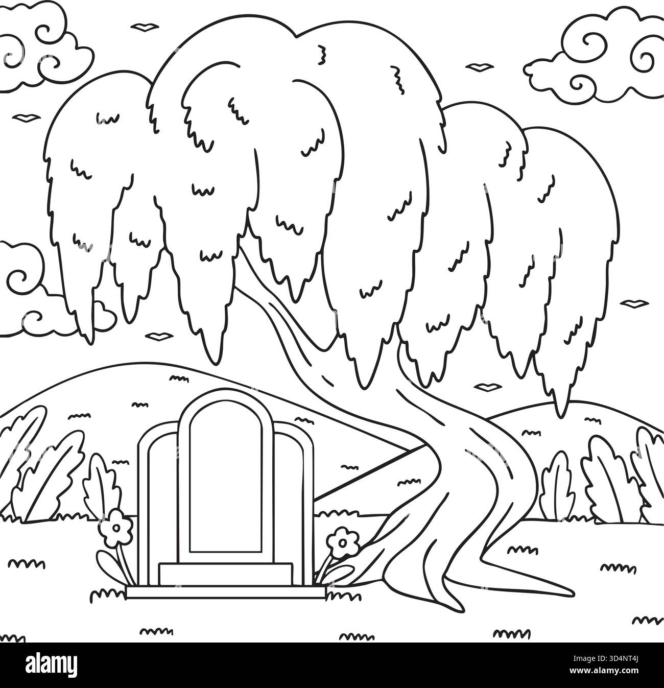 Qingming Festival Tomb sotto Willow Tree Coloring Illustrazione Vettoriale