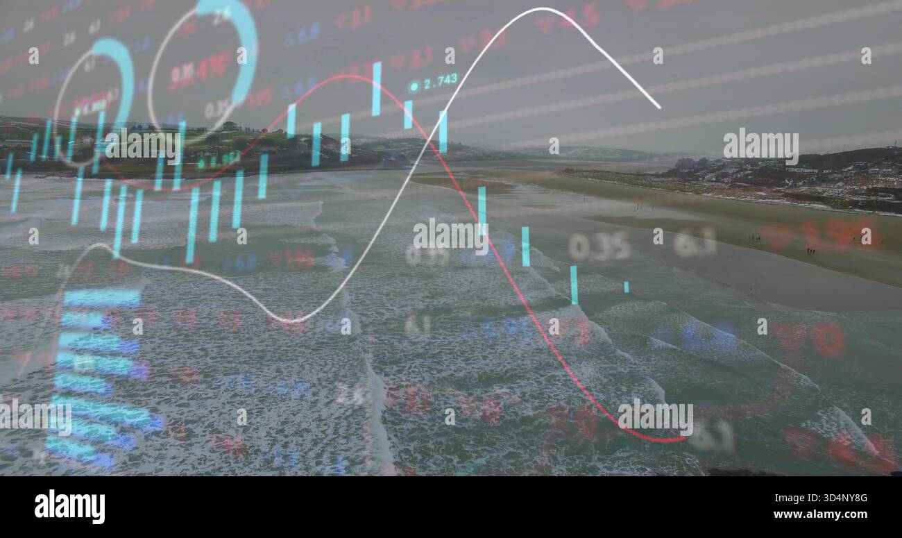 Si sovrappongono immagini finanziarie traslucide che si estendono sulla costa aerea della spiaggia, mostrando le barre a candelabro Foto Stock