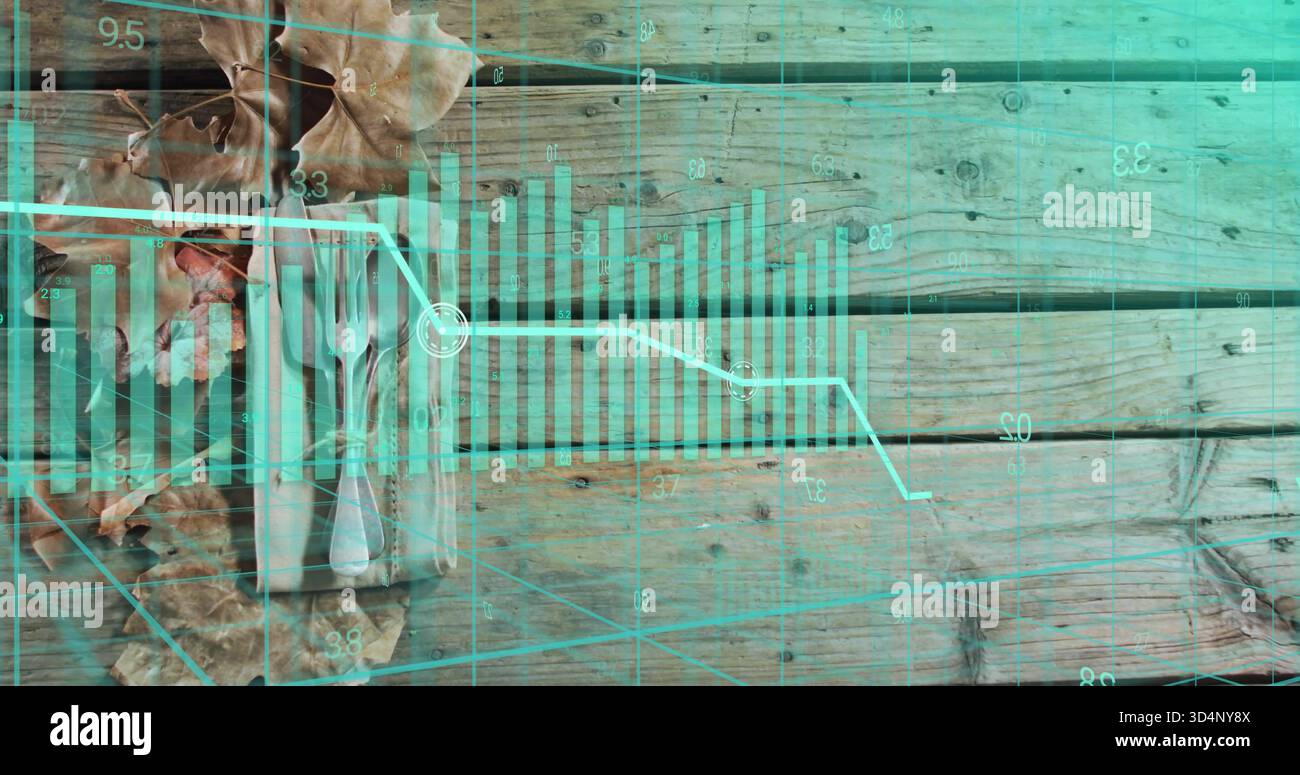 Visualizzazione della sovrapposizione di dati color acqua verde acqua che copre il piano portapaziente in legno, con barre linee e lamelle avvolti Foto Stock