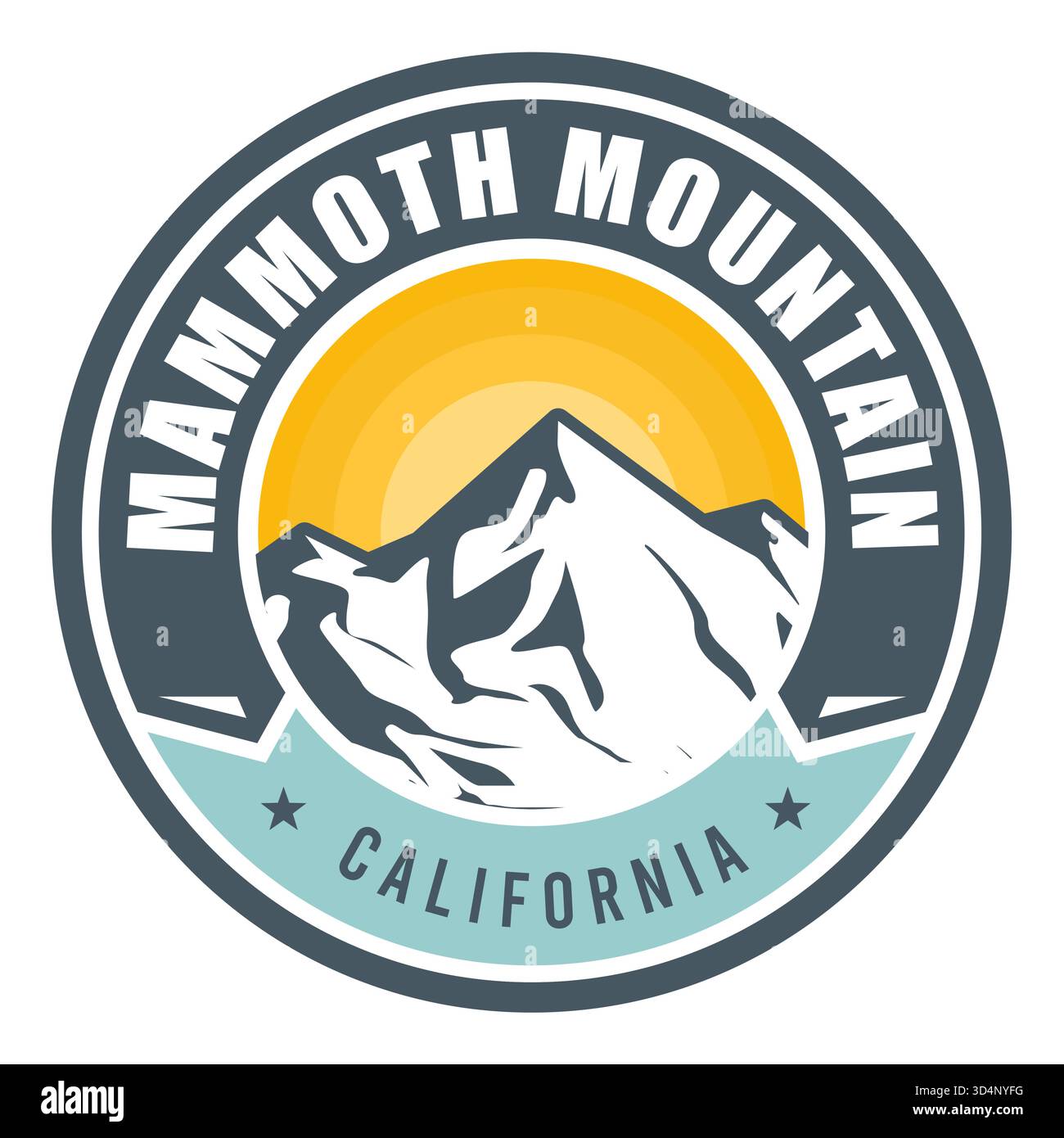 Mammoth Mountain, Long Valley Caldera, California, emblema o etichetta con le montagne innevate, vettoriale Illustrazione Vettoriale