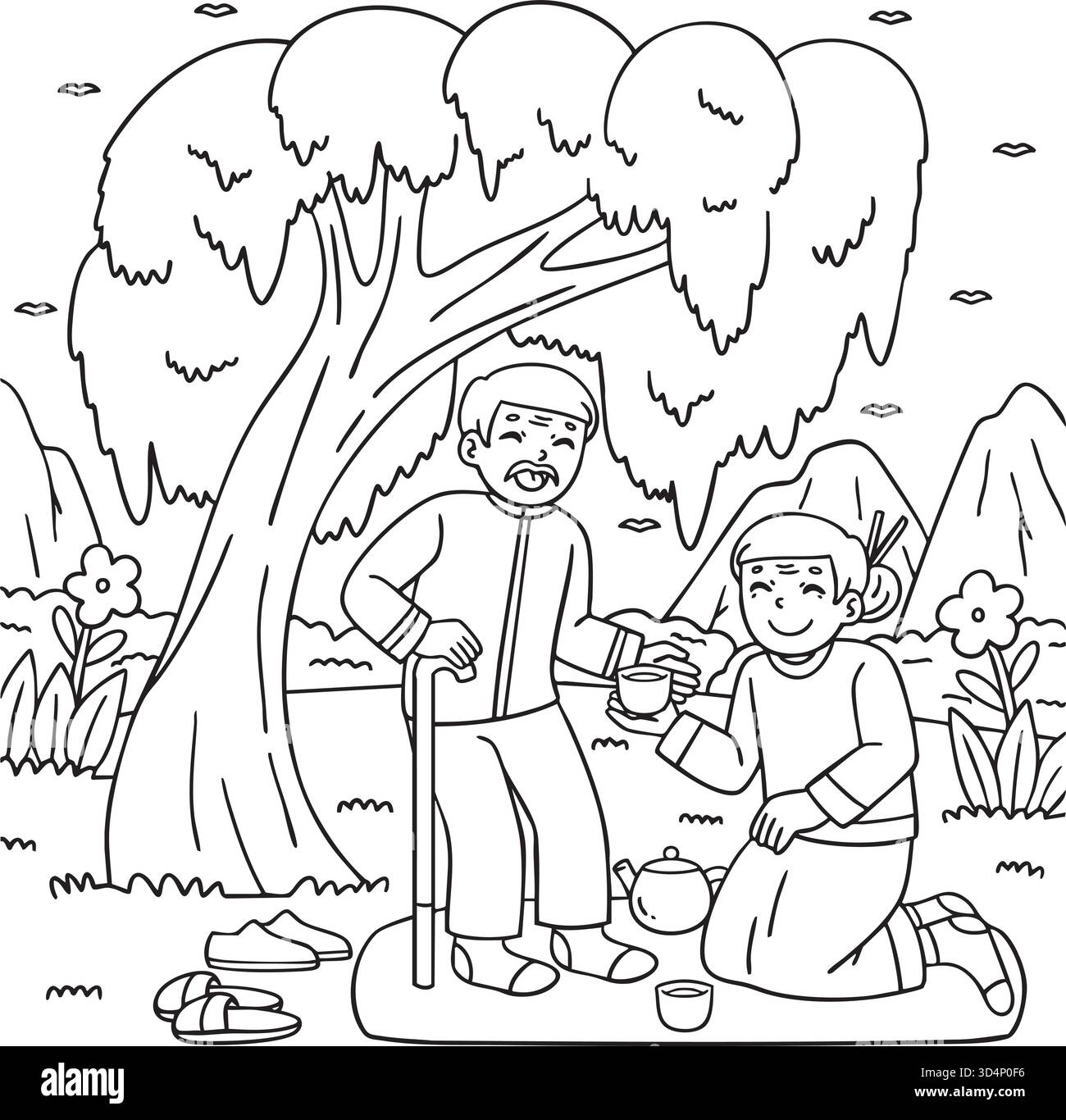 Festival di Qingming nonna e nonno Willow Tree Illustrazione Vettoriale