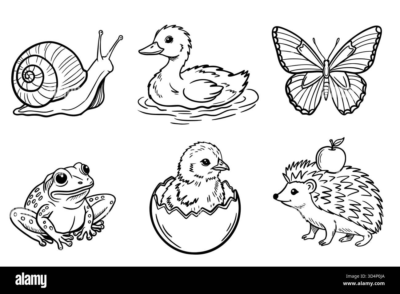 Set di illustrazioni di animali neonati, tra cui lumaca, anatroccoli e farfalle, per colorare libri o elementi di design della silhouette Illustrazione Vettoriale
