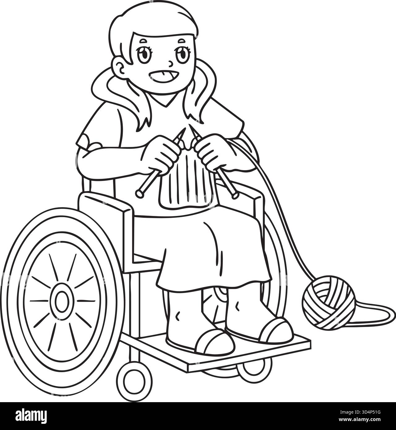 Ragazza in Wheelchair Knitting Isolated Coloring Page Illustrazione Vettoriale