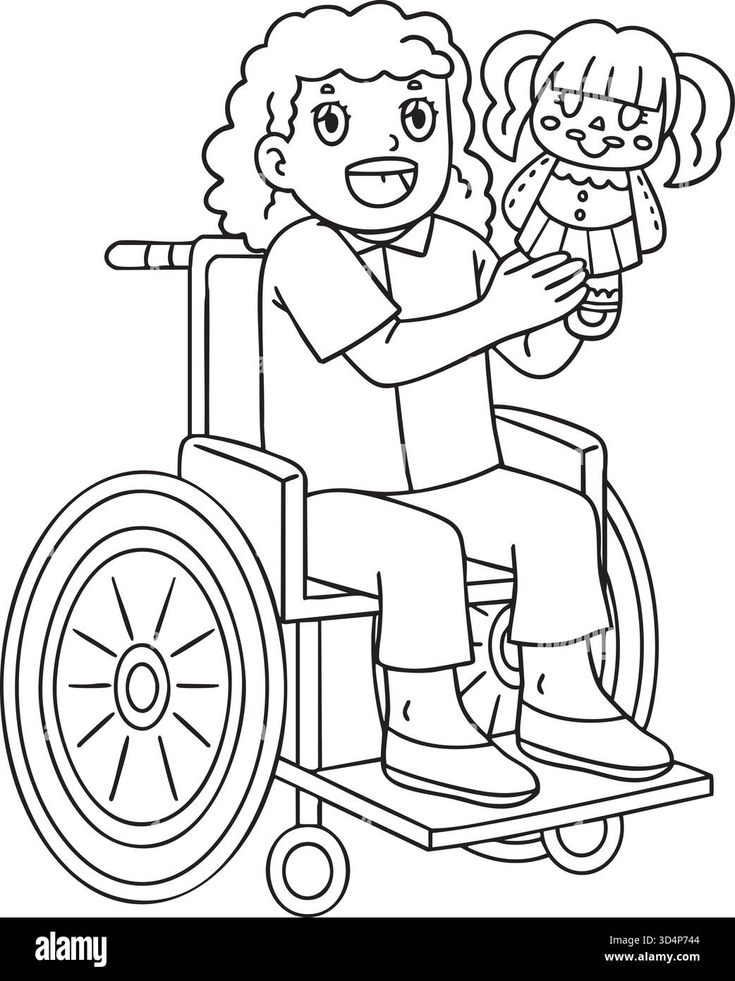Ragazza in sedia a rotelle che gioca bambola isolata colorare Illustrazione Vettoriale