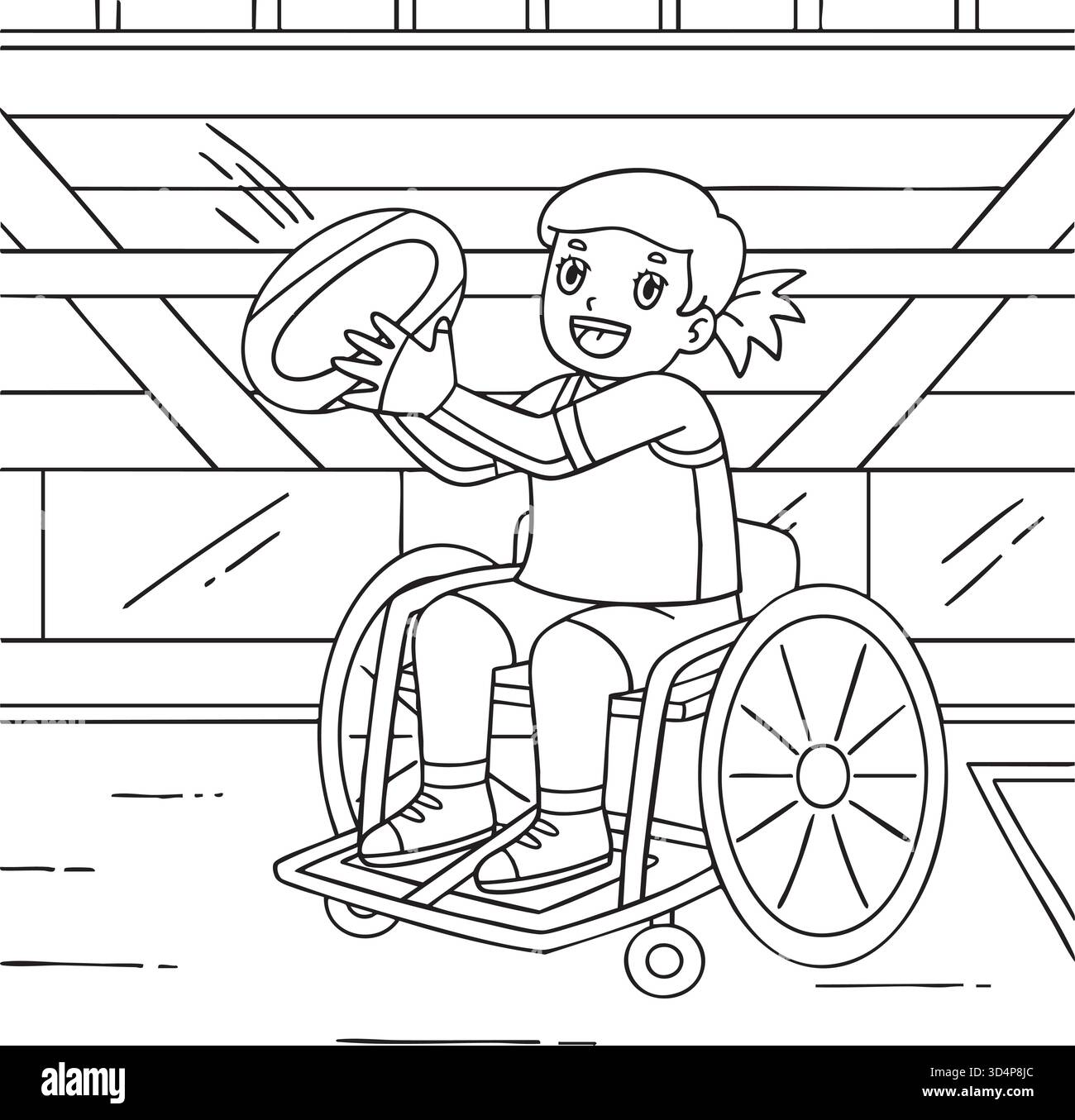 Ragazza in sedia a rotelle che gioca a Rugby Coloring Page Illustrazione Vettoriale