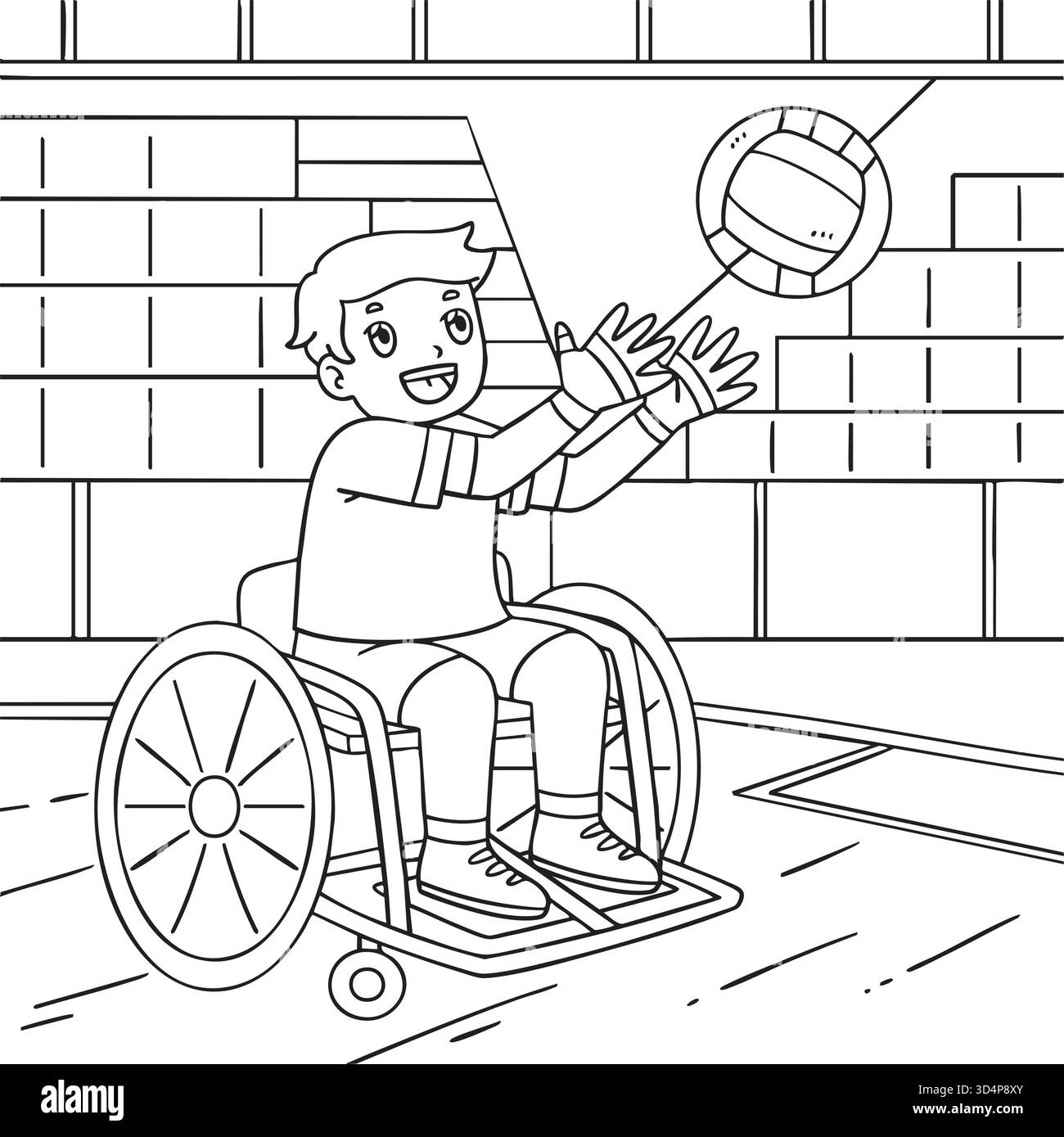 Ragazzo in sedia a rotelle che gioca a Rugby Coloring Page Illustrazione Vettoriale