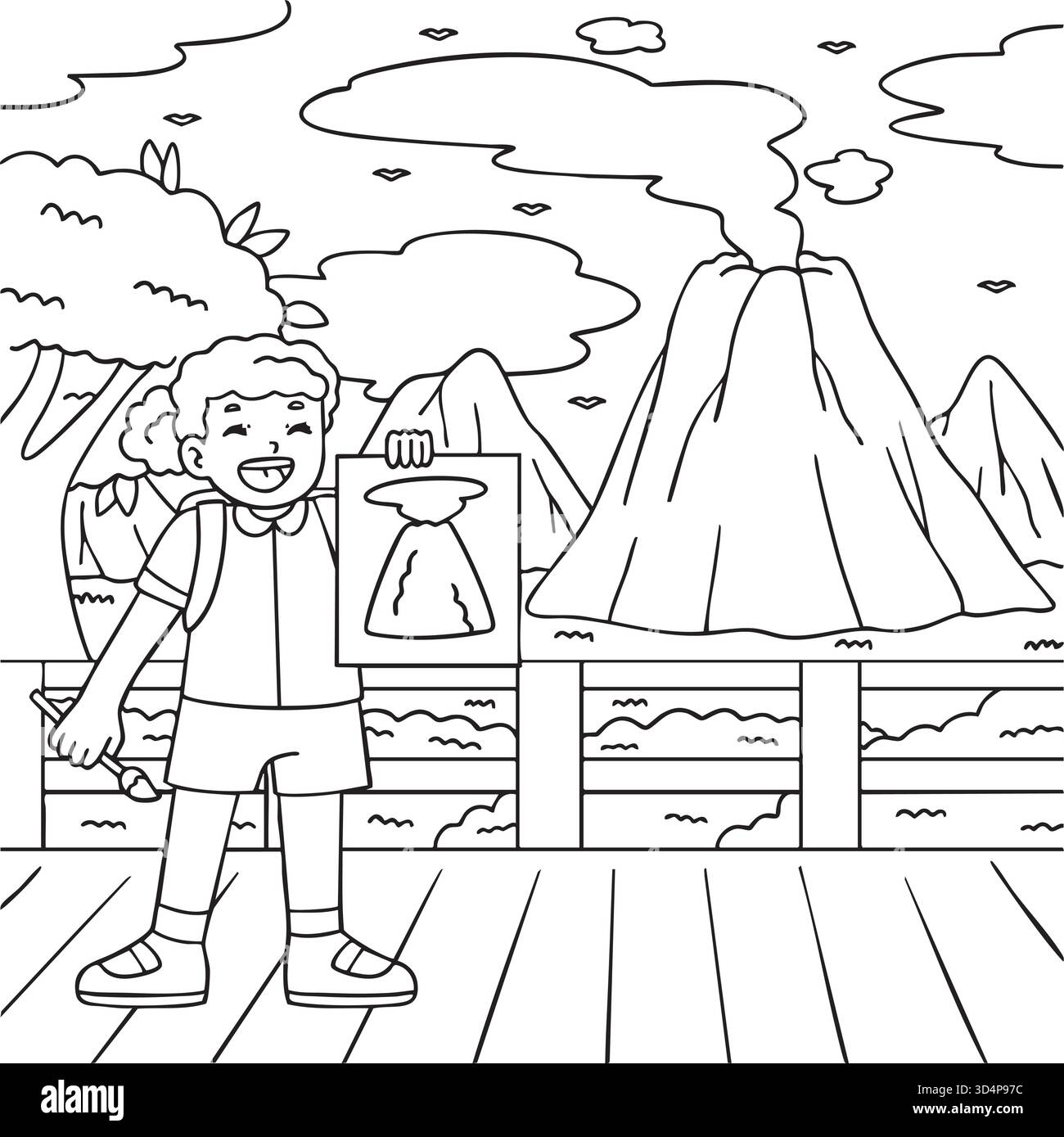 Ragazza con un disegno di una pagina da colorare del vulcano Illustrazione Vettoriale