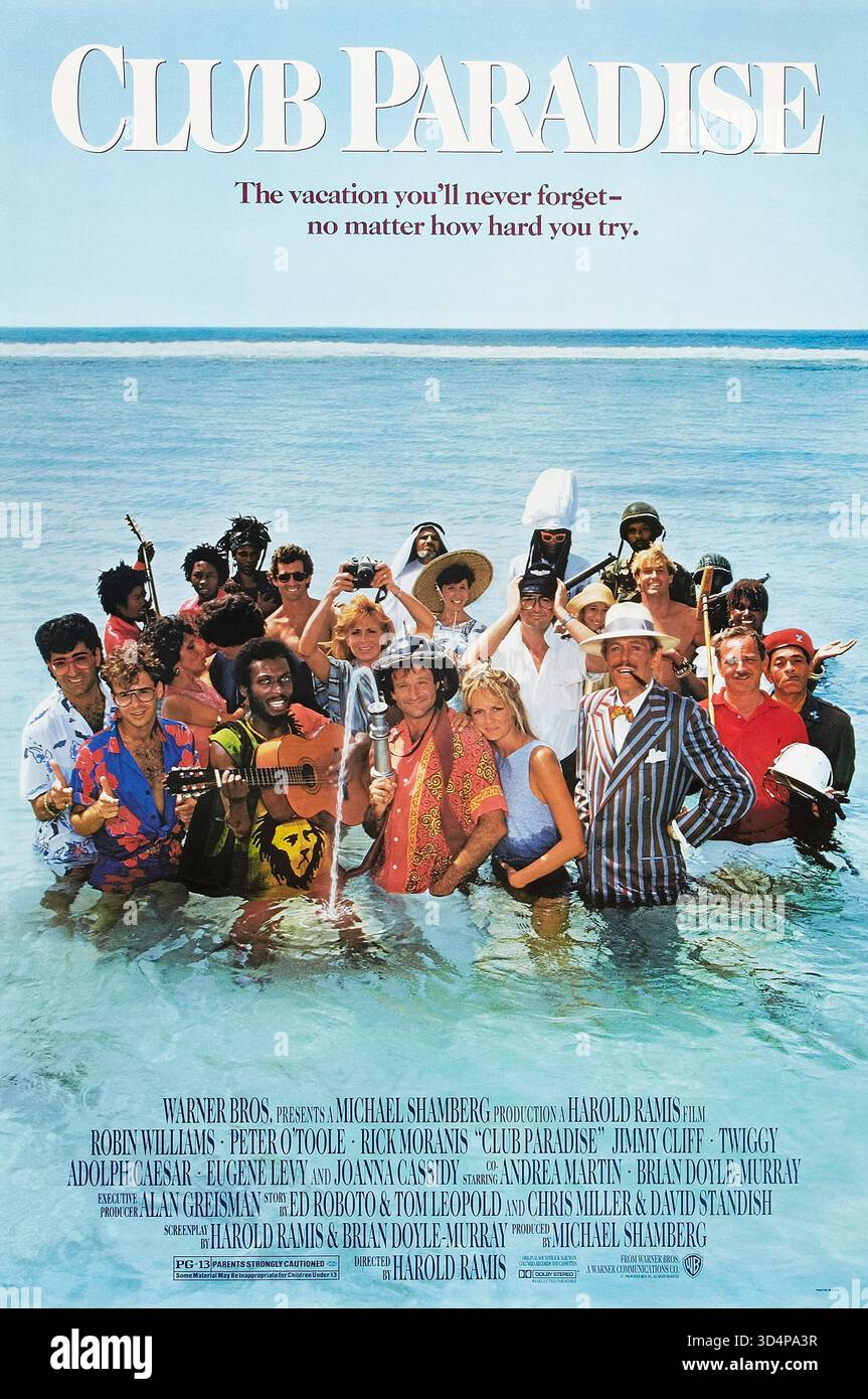 Club Paradise (1986) diretto da Harold Ramis e interpretato da Robin Williams, Peter o'Toole e Jimmy Cliff. Un pompiere in pensione di Chicago si unisce agli amici per gestire un resort caraibico, ma si trova ad affrontare problemi da uomini d'affari corrotti. Fotografia di un poster originale del 1986 USA a un foglio SOLO PER USO EDITORIALE. Crediti: BFA / Warner Bros Foto Stock