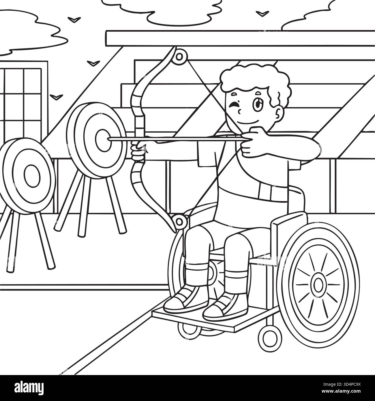Incluso il servizio Adaptive Sports Boy Wheelchair Archery Illustrazione Vettoriale