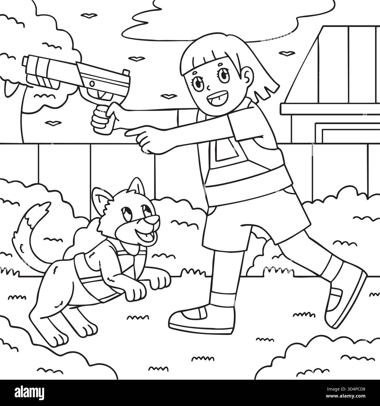 Laser Tag Girl che gioca con una pagina da colorare per cani Illustrazione Vettoriale