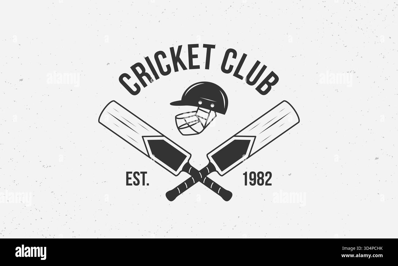 Logo del club di cricket, poster. Logo di cricket alla moda con pipistrelli da cricket e casco. Modello emblema vettoriale. Illustrazione Vettoriale