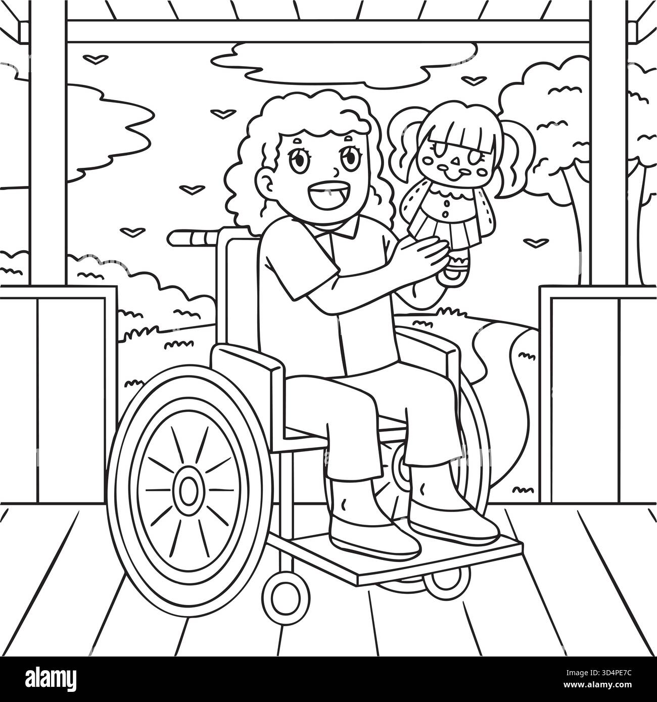 Ragazza in sedia a rotelle che gioca a Doll Coloring Page Illustrazione Vettoriale