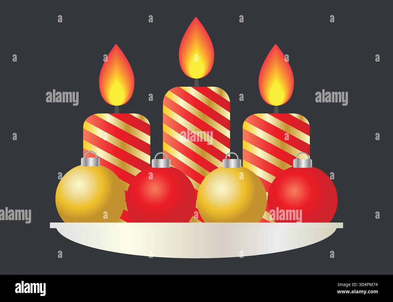 Ornamento natalizio di candele e palline rosse e dorate. Illustrazione Vettoriale