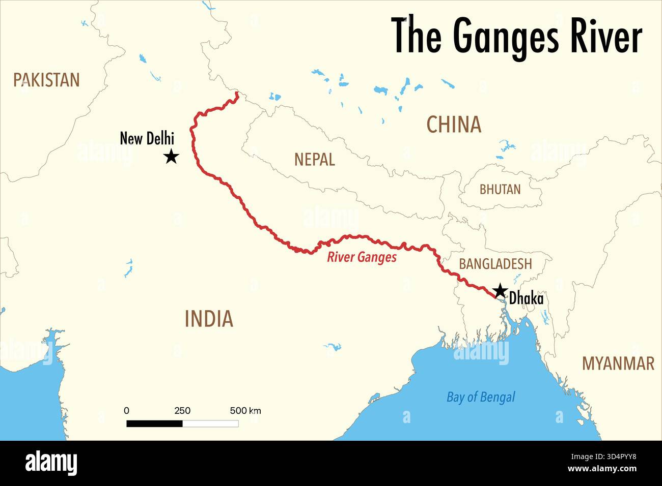 Mappa vettoriale del fiume Gange che mostra il suo corso attraverso l'India e il Bangladesh Illustrazione Vettoriale