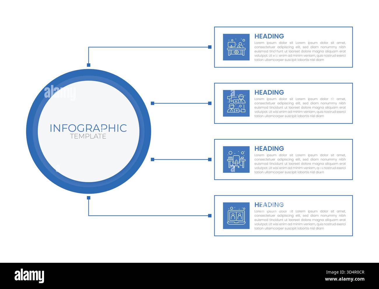 Moderno modello infografico circolare con 4 passaggi e icone con linee blu. Perfetto per flusso di lavoro, processi aziendali e visualizzazione dei dati. Illustrazione Vettoriale