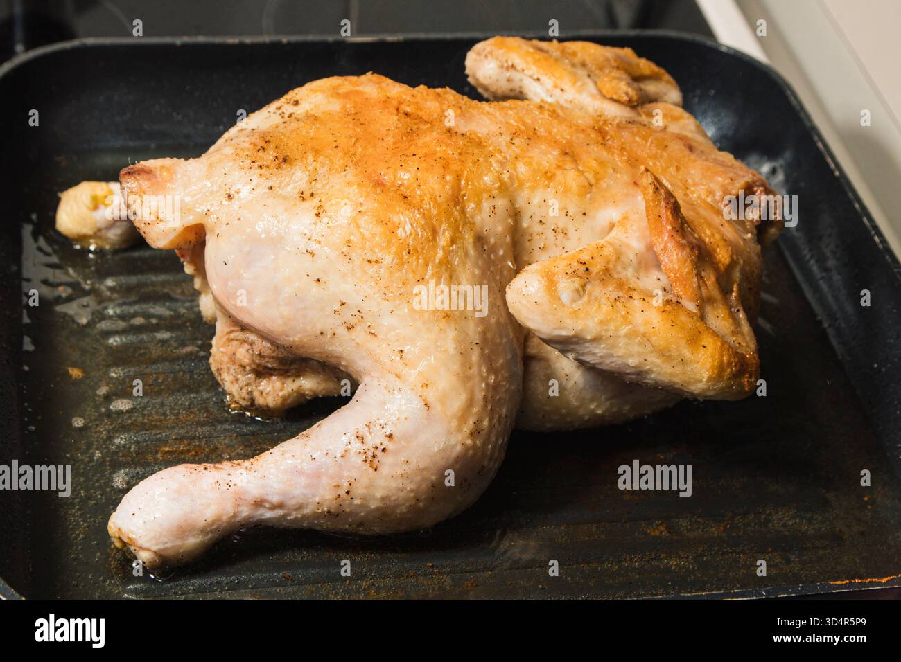 La padella di pollo sta cucinando su un piano cottura. Il pollo è tagliato e dorato Foto Stock